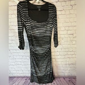 WHBM Black White Striped Midi Lined Minimalist Ruched Waist 3/4 Sleeve Size M